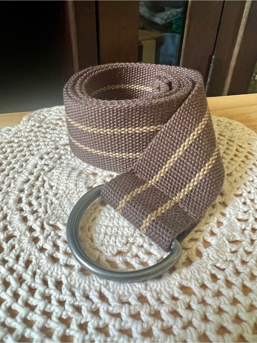 Dekko L/XL Brown w/ Tan Stripe Cotton Woven Belt Gun Metal Gray D Ring 48” Long